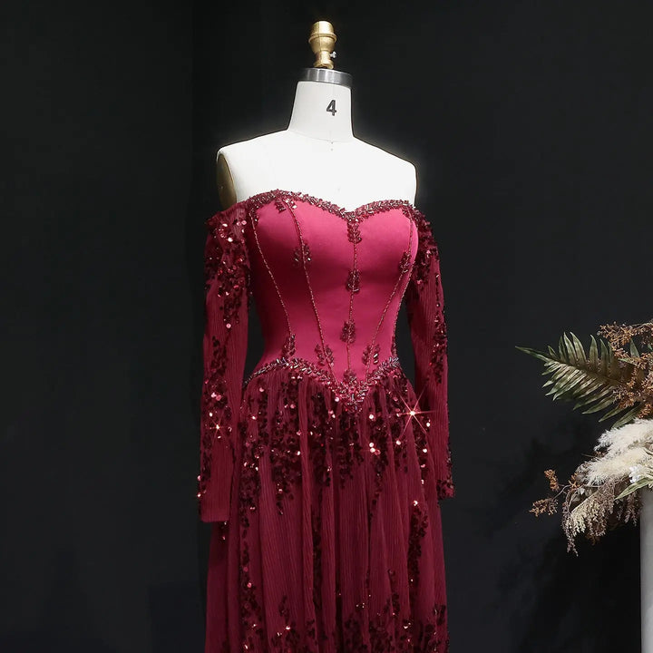 Luxury Beige Crystal Beaded Long Sleeve Evening Dress SS628