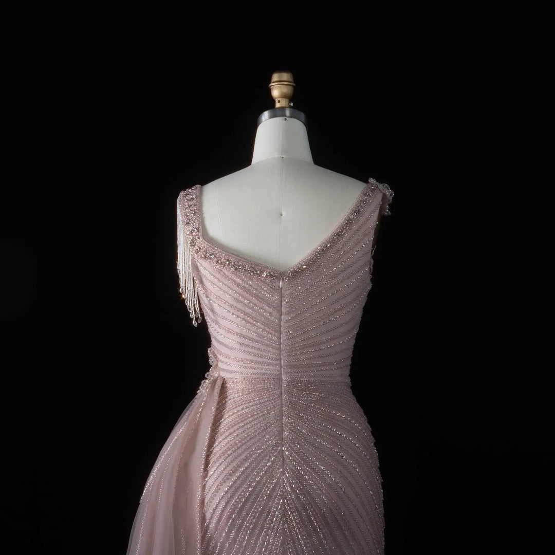 ‌ Luxury Intricately Beaded Fringe-Shoulder Fitted Evening Gown SS103