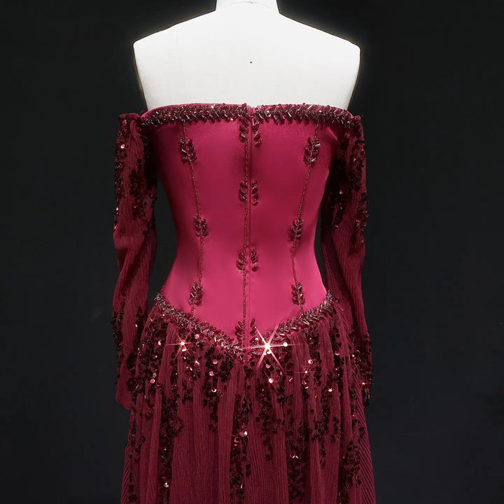 Luxury Beige Crystal Beaded Long Sleeve Evening Dress SS628