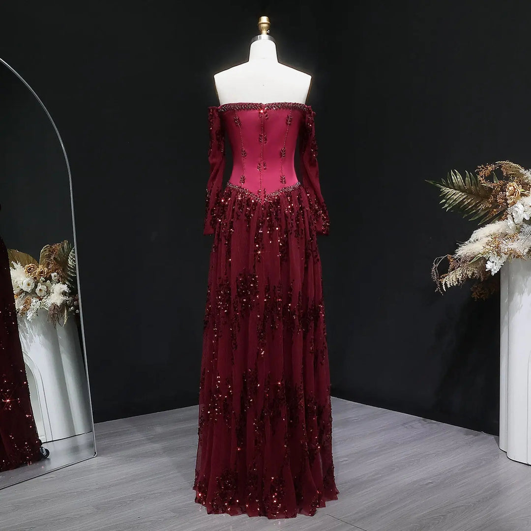 Luxury Beige Crystal Beaded Long Sleeve Evening Dress SS628