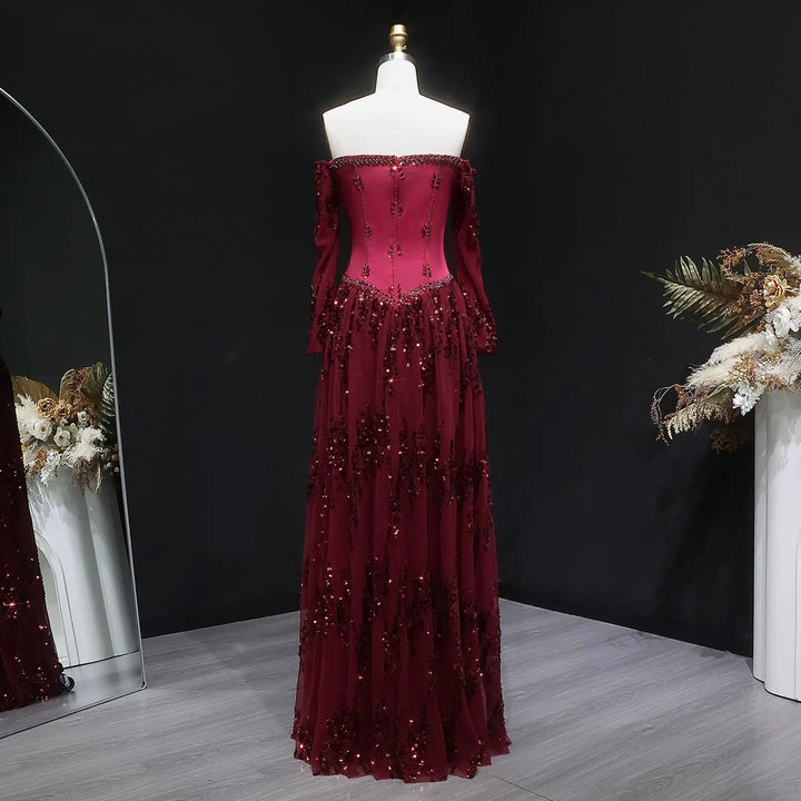 Luxury Beige Crystal Beaded Long Sleeve Evening Dress SS628