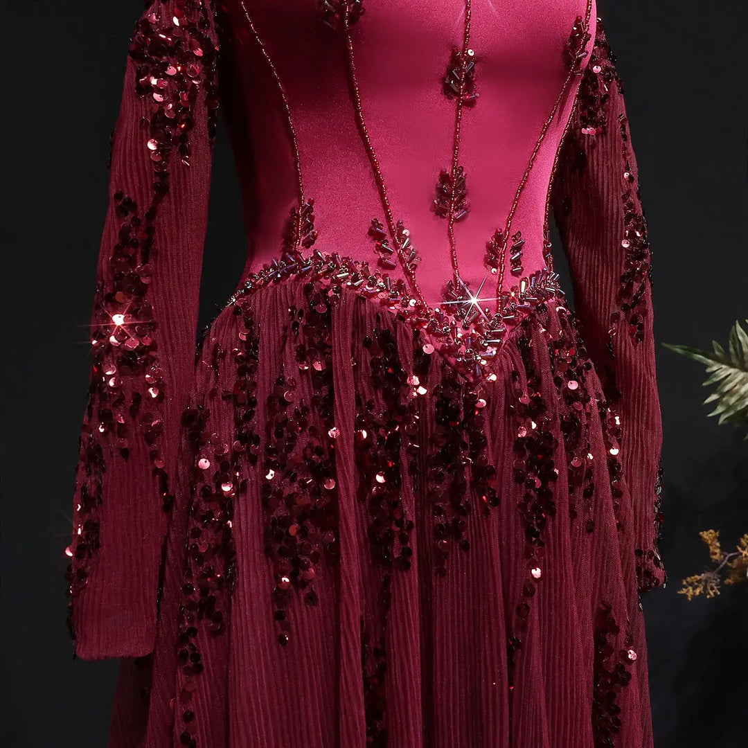 Luxury Beige Crystal Beaded Long Sleeve Evening Dress SS628