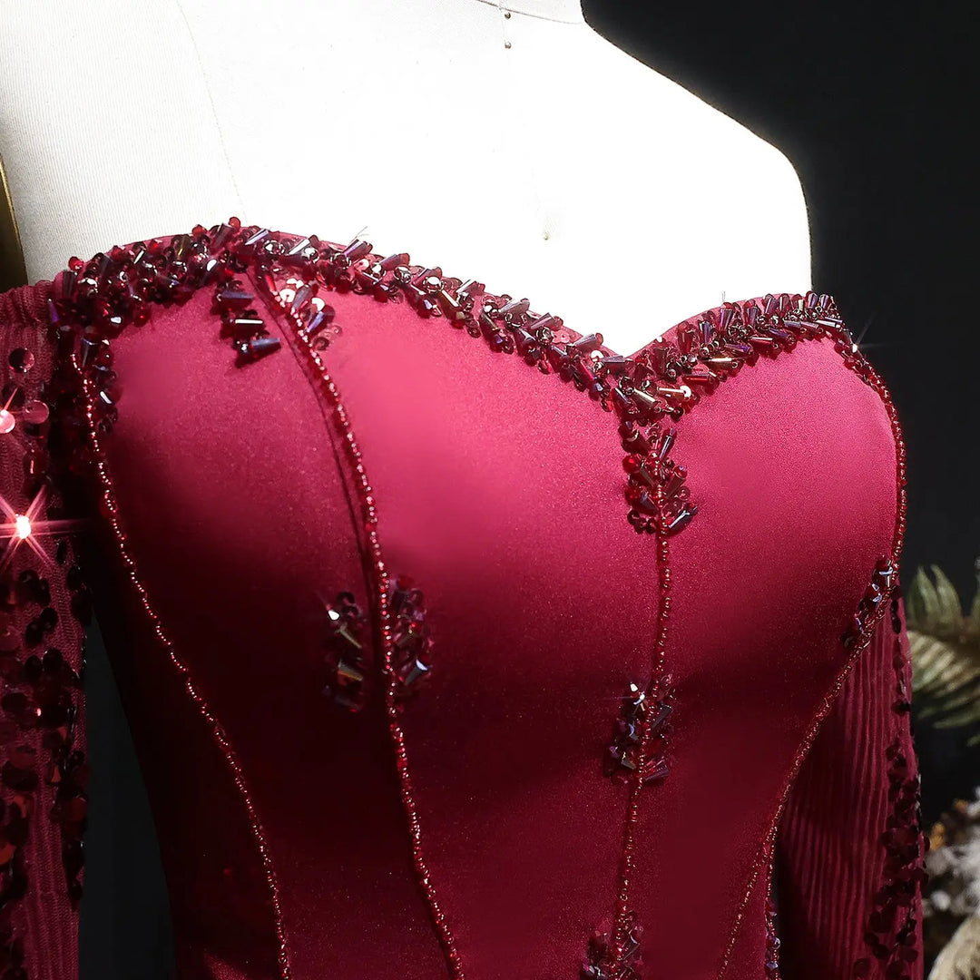 Luxury Beige Crystal Beaded Long Sleeve Evening Dress SS628