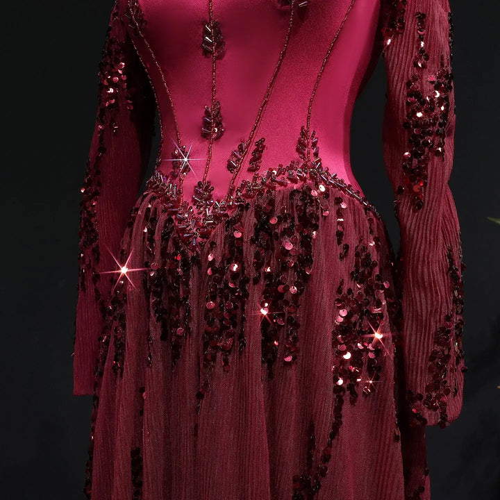 Luxury Beige Crystal Beaded Long Sleeve Evening Dress SS628