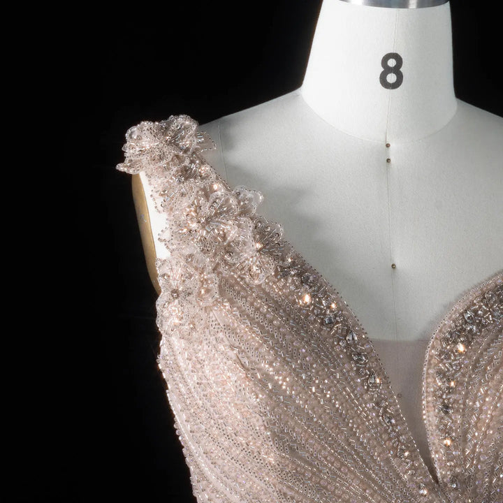 ‌ Luxury Intricately Beaded Fringe-Shoulder Fitted Evening Gown SS103