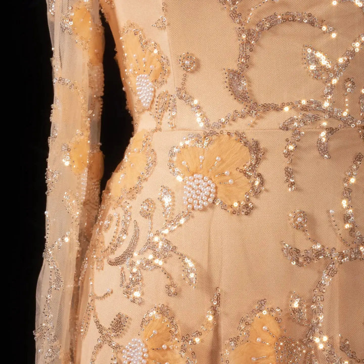Luxury Pink Beaded Embroidered Long Sleeve Evening Dress SS638