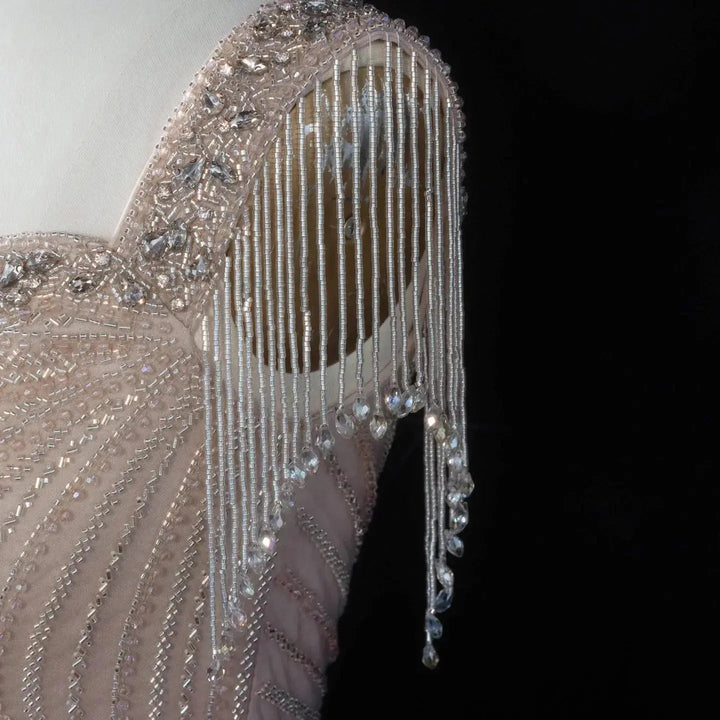 ‌ Luxury Intricately Beaded Fringe-Shoulder Fitted Evening Gown SS103