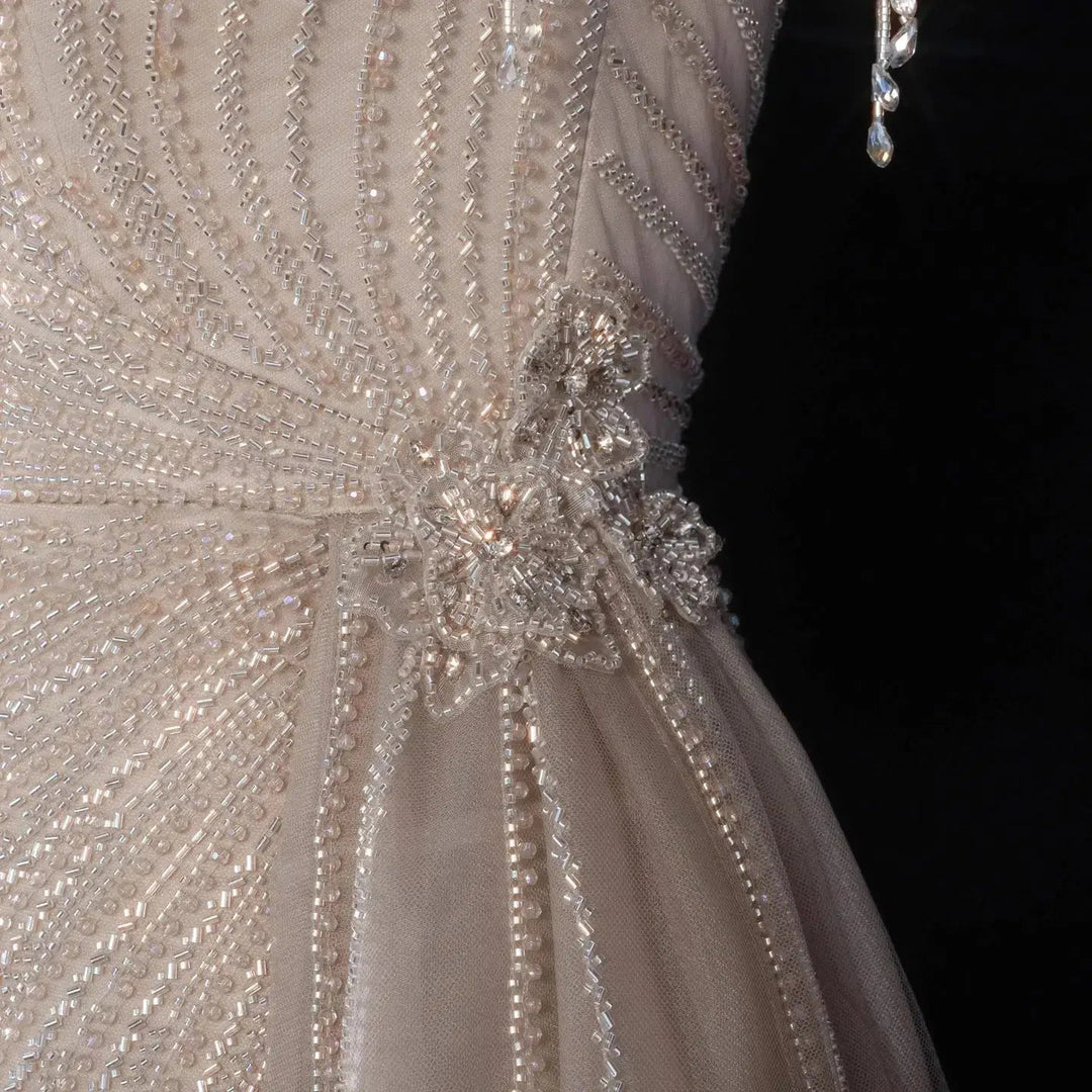 ‌ Luxury Intricately Beaded Fringe-Shoulder Fitted Evening Gown SS103