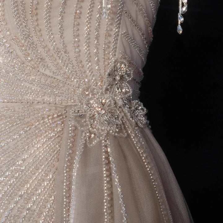 ‌ Luxury Intricately Beaded Fringe-Shoulder Fitted Evening Gown SS103