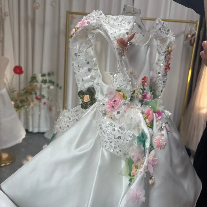 Luxury White Floral Embroidered Princess Birthday Dress J830