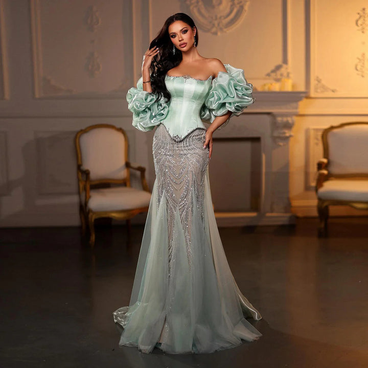 Elegant Aqua Strapless Evening Dress with Crystal Beading SS501
