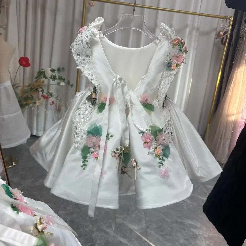 Luxury White Floral Embroidered Princess Birthday Dress J830