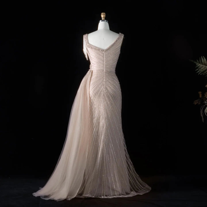 ‌ Luxury Intricately Beaded Fringe-Shoulder Fitted Evening Gown SS103