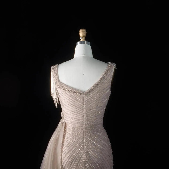 ‌ Luxury Intricately Beaded Fringe-Shoulder Fitted Evening Gown SS103