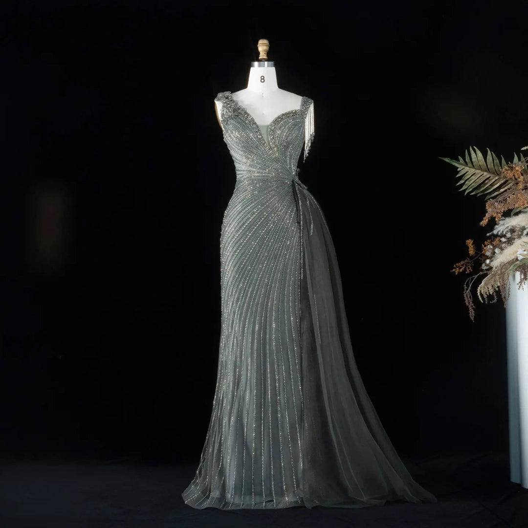 ‌ Luxury Intricately Beaded Fringe-Shoulder Fitted Evening Gown SS103