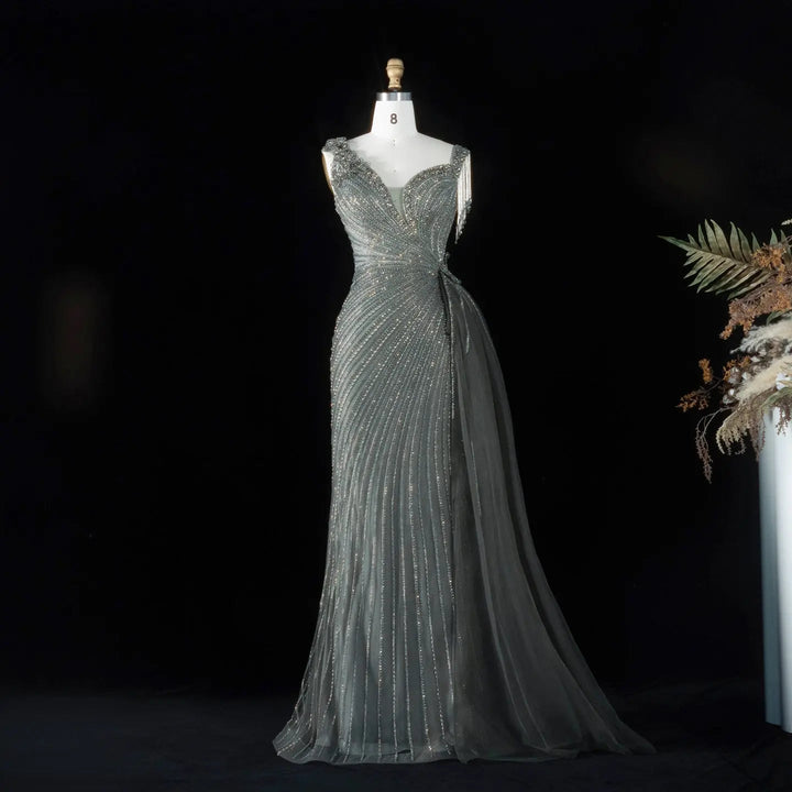 ‌ Luxury Intricately Beaded Fringe-Shoulder Fitted Evening Gown SS103