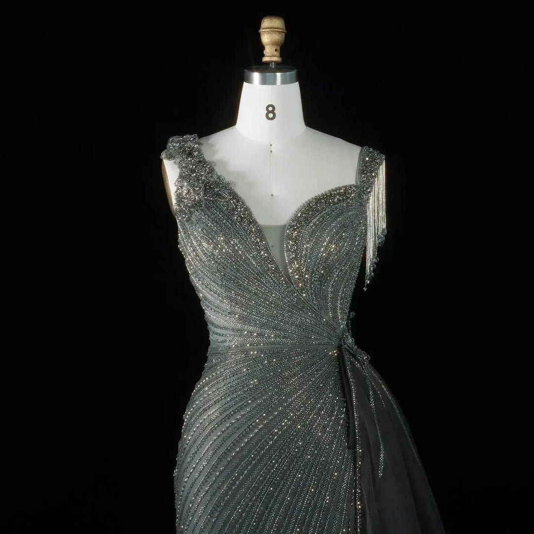 ‌ Luxury Intricately Beaded Fringe-Shoulder Fitted Evening Gown SS103