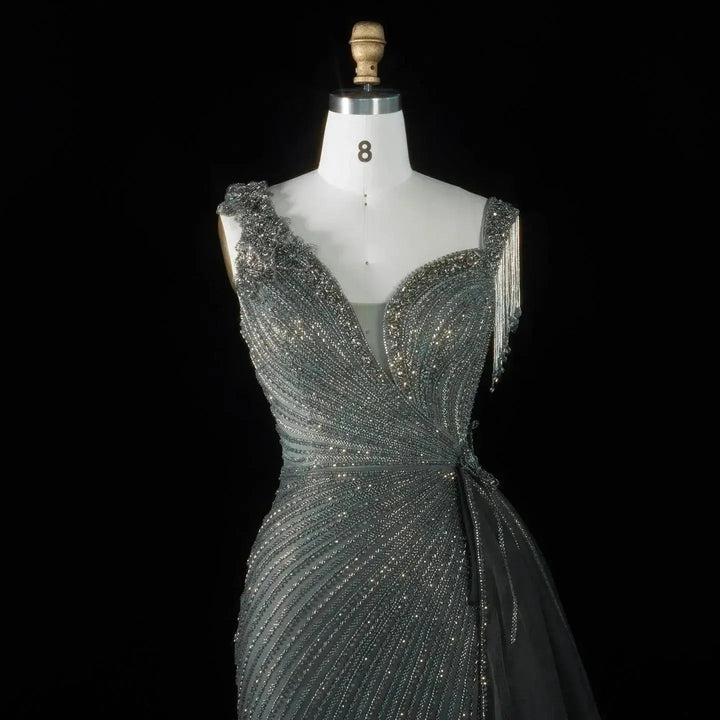 ‌ Luxury Intricately Beaded Fringe-Shoulder Fitted Evening Gown SS103