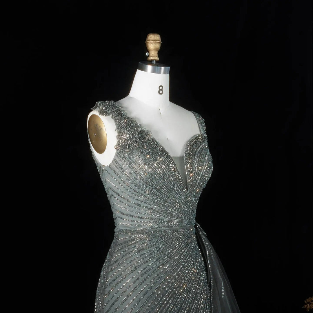 ‌ Luxury Intricately Beaded Fringe-Shoulder Fitted Evening Gown SS103