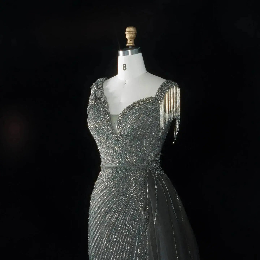 ‌ Luxury Intricately Beaded Fringe-Shoulder Fitted Evening Gown SS103