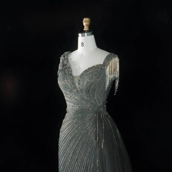 ‌ Luxury Intricately Beaded Fringe-Shoulder Fitted Evening Gown SS103