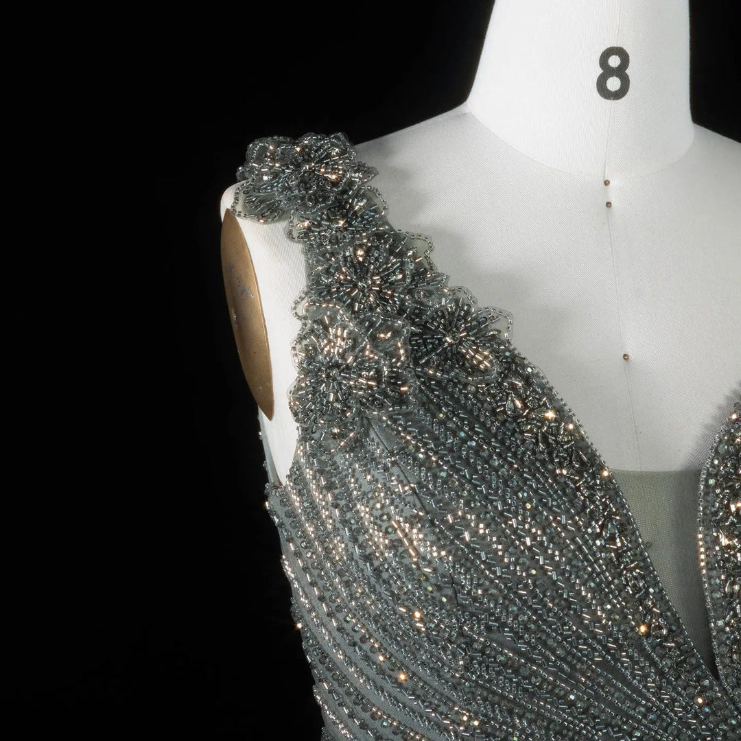 ‌ Luxury Intricately Beaded Fringe-Shoulder Fitted Evening Gown SS103