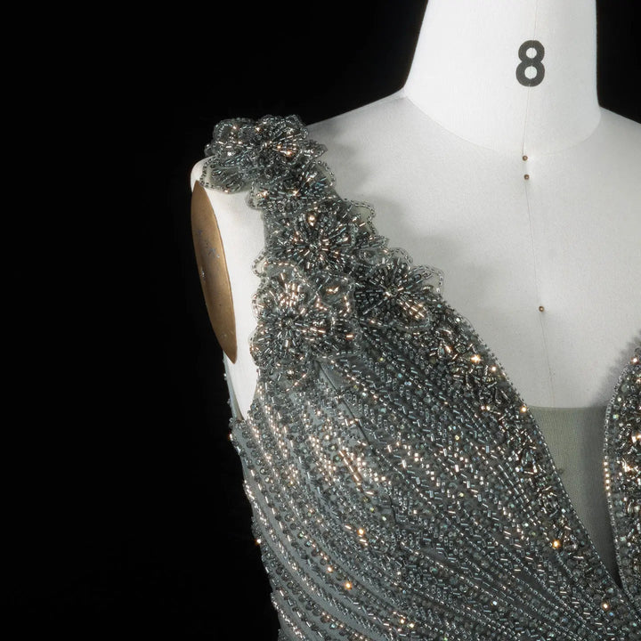 ‌ Luxury Intricately Beaded Fringe-Shoulder Fitted Evening Gown SS103