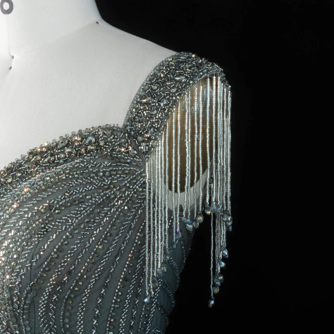 ‌ Luxury Intricately Beaded Fringe-Shoulder Fitted Evening Gown SS103
