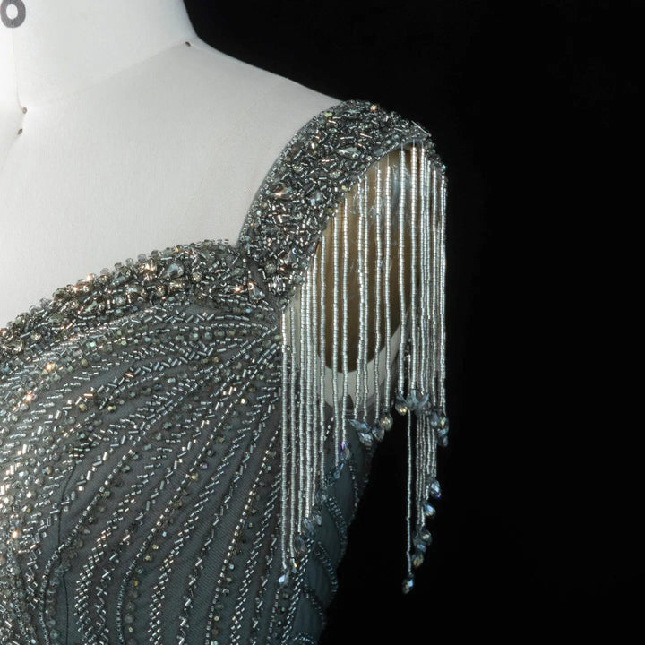 ‌ Luxury Intricately Beaded Fringe-Shoulder Fitted Evening Gown SS103