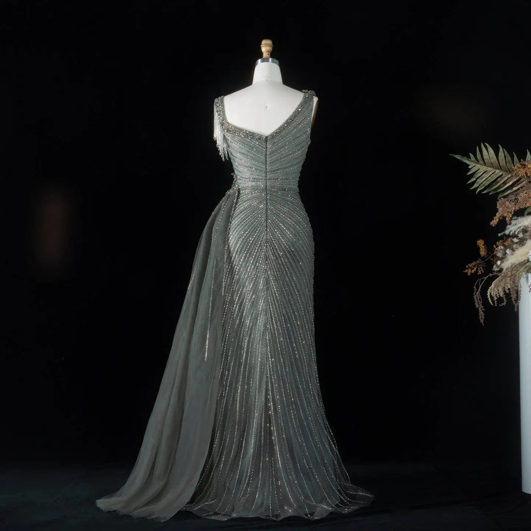 ‌ Luxury Intricately Beaded Fringe-Shoulder Fitted Evening Gown SS103
