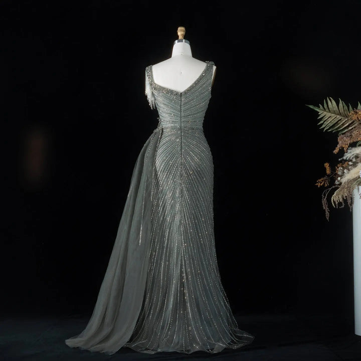 ‌ Luxury Intricately Beaded Fringe-Shoulder Fitted Evening Gown SS103