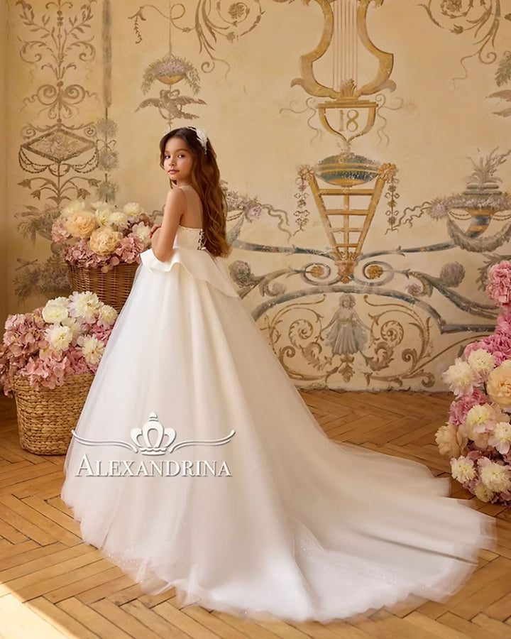 Luxury White Flower Girl Dress with Beaded Bodice and Tulle Skirt J388