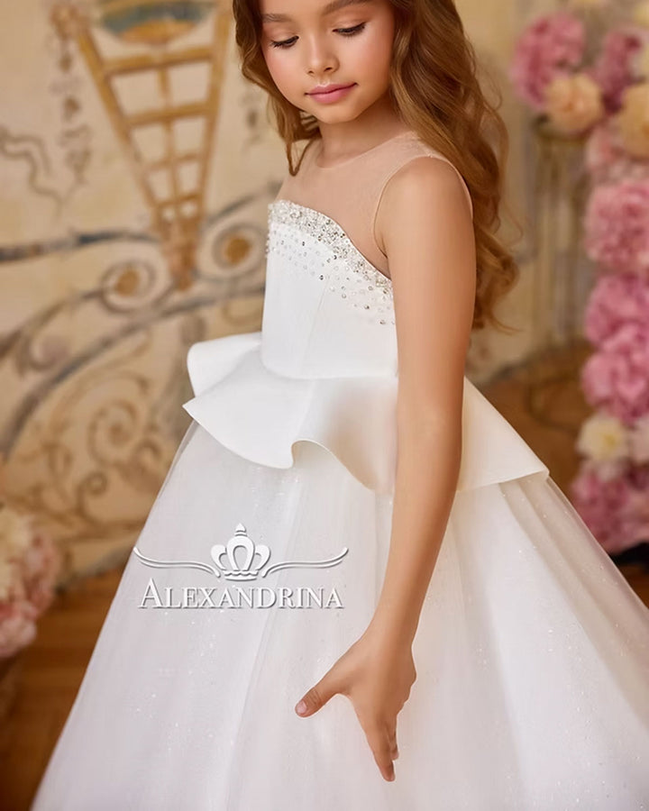 Luxury White Flower Girl Dress with Beaded Bodice and Tulle Skirt J388