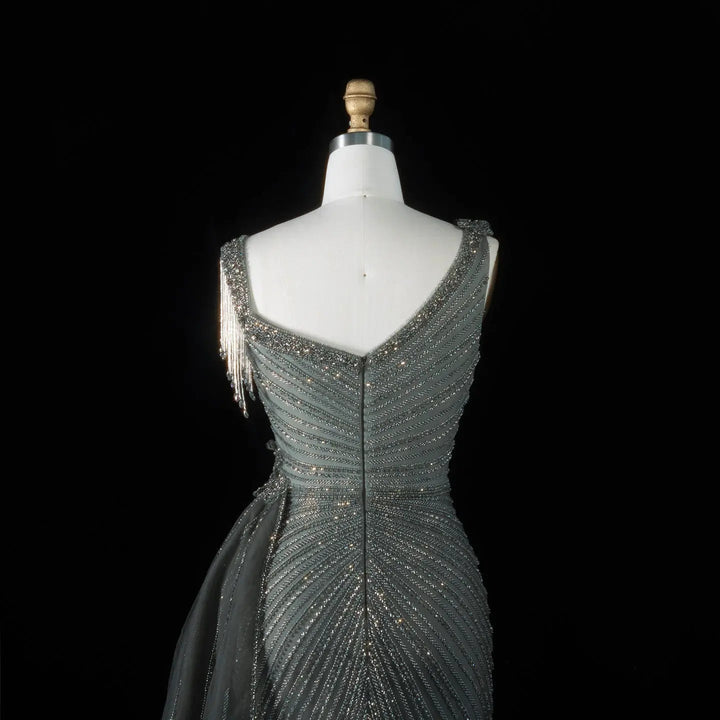 ‌ Luxury Intricately Beaded Fringe-Shoulder Fitted Evening Gown SS103