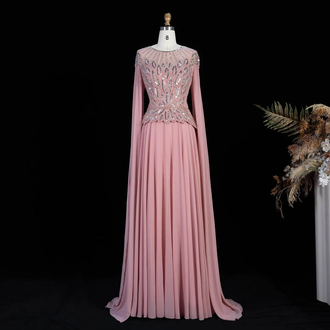 Elegant Crystal Beaded Evening Gown with Draped Sleeves SS104