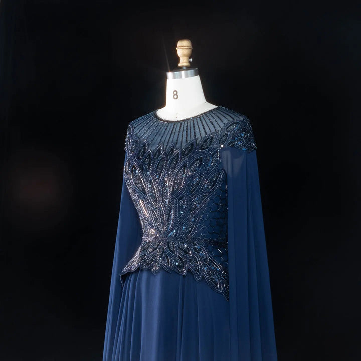 Elegant Crystal Beaded Evening Gown with Draped Sleeves SS104