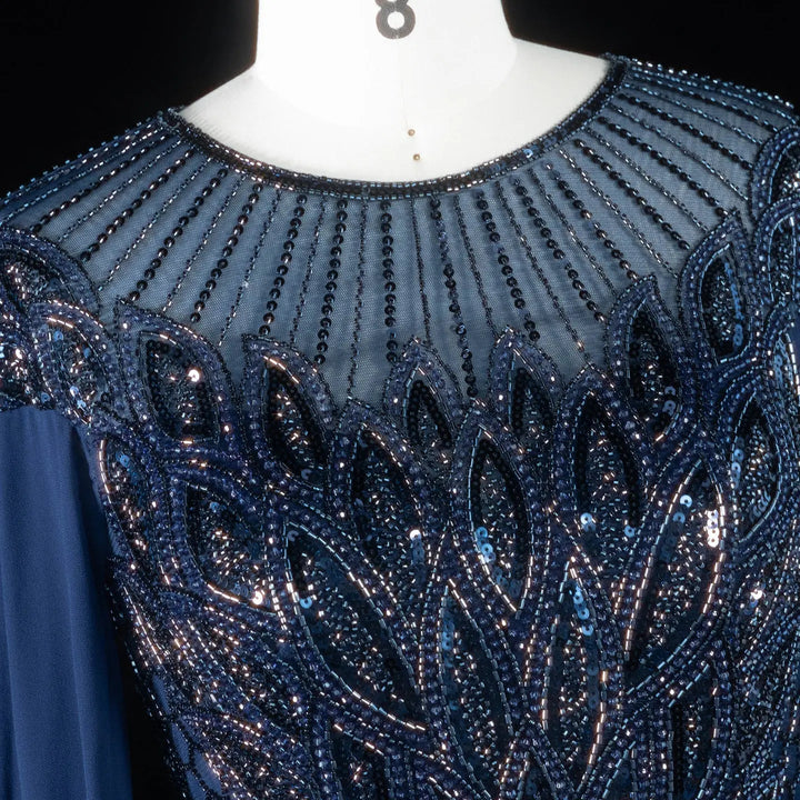 Elegant Crystal Beaded Evening Gown with Draped Sleeves SS104