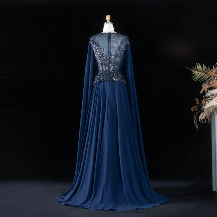 Elegant Crystal Beaded Evening Gown with Draped Sleeves SS104