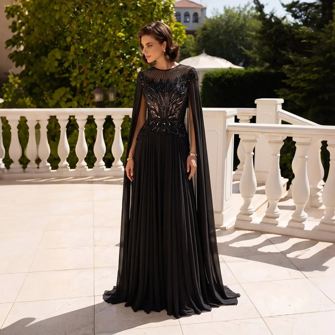 Elegant Crystal Beaded Evening Gown with Draped Sleeves SS104