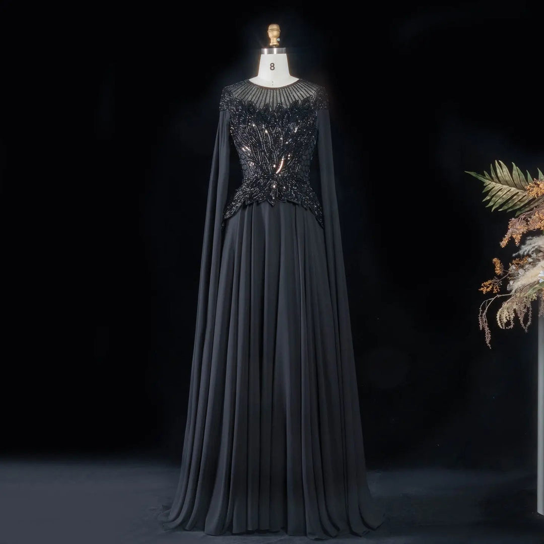 Elegant Crystal Beaded Evening Gown with Draped Sleeves SS104