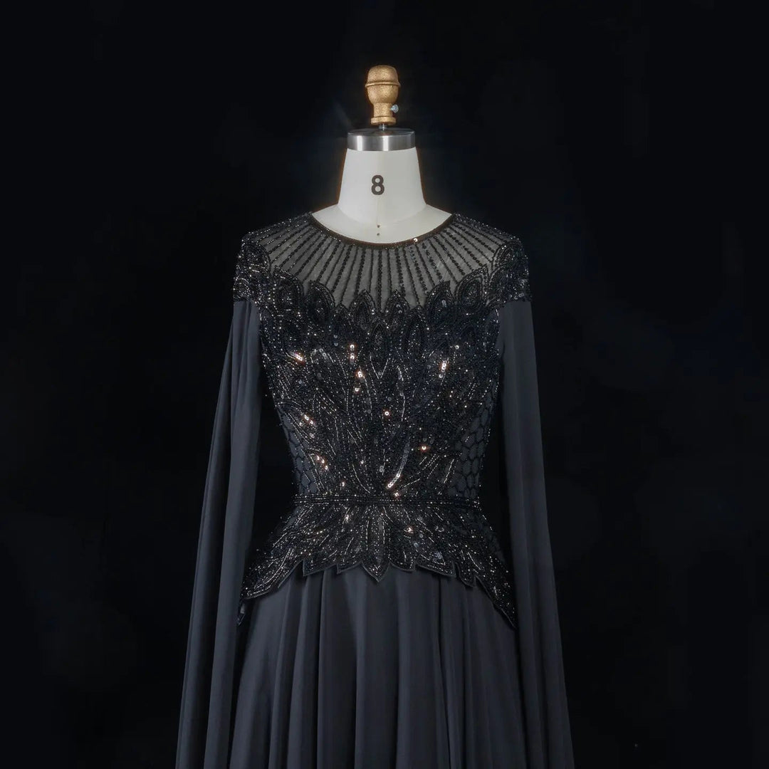Elegant Crystal Beaded Evening Gown with Draped Sleeves SS104