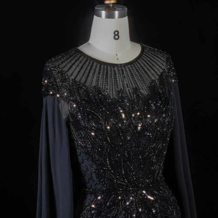 Elegant Crystal Beaded Evening Gown with Draped Sleeves SS104