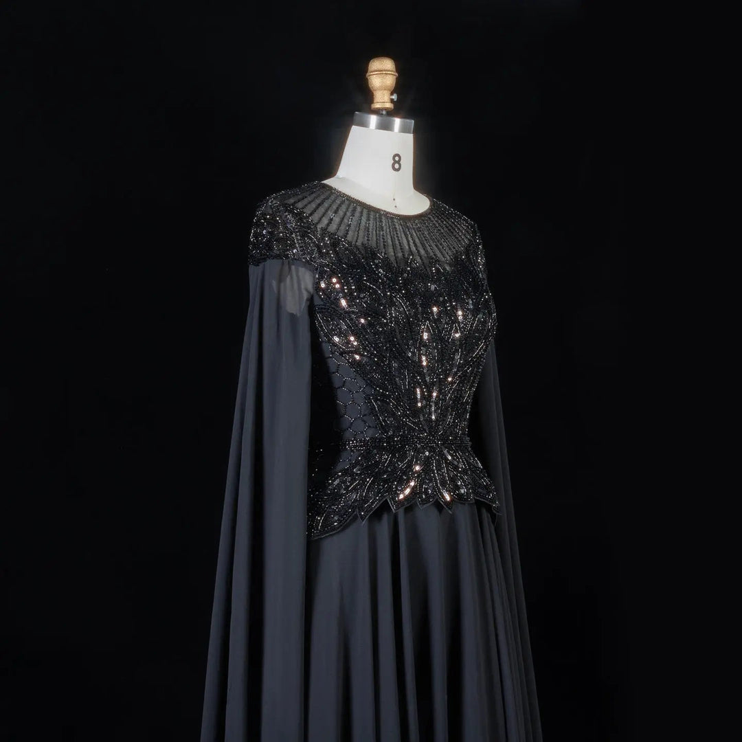 Elegant Crystal Beaded Evening Gown with Draped Sleeves SS104