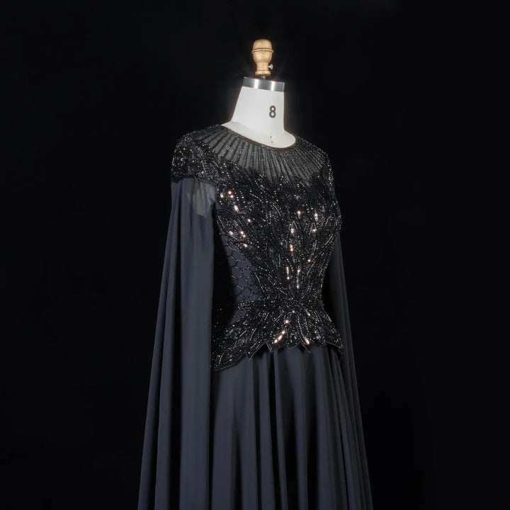 Elegant Crystal Beaded Evening Gown with Draped Sleeves SS104