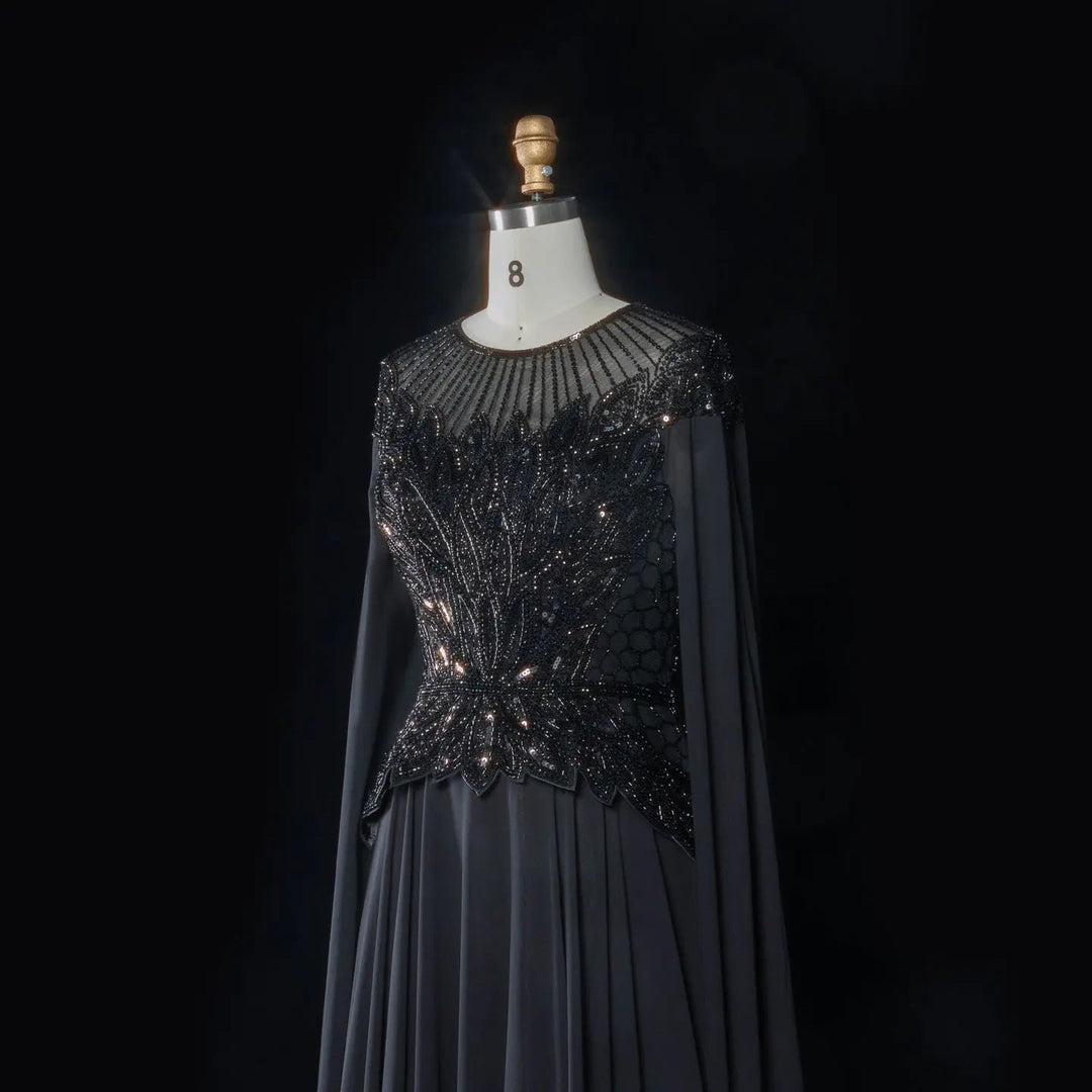 Elegant Crystal Beaded Evening Gown with Draped Sleeves SS104