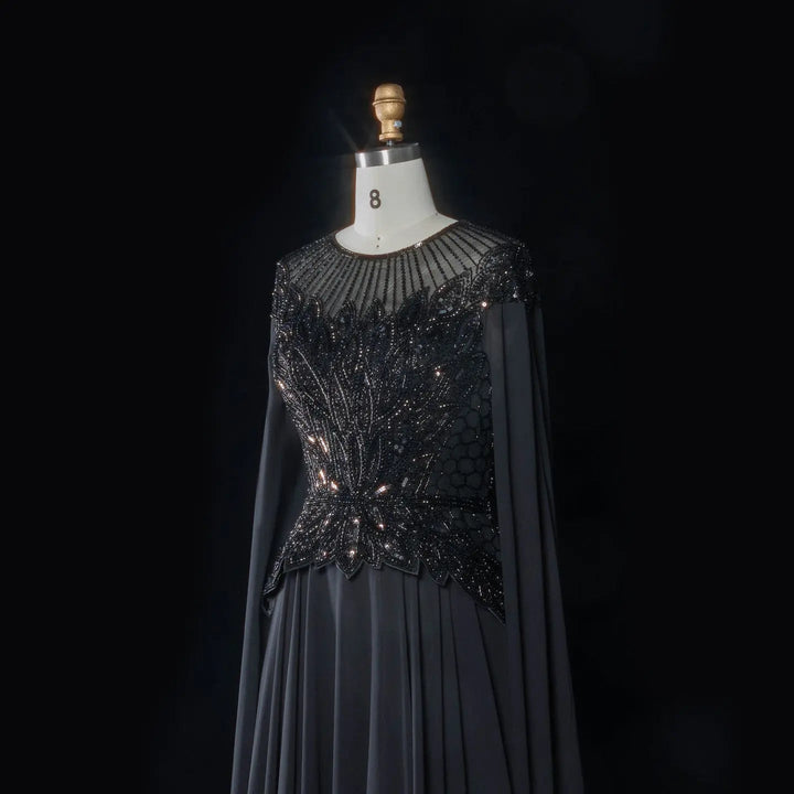Elegant Crystal Beaded Evening Gown with Draped Sleeves SS104