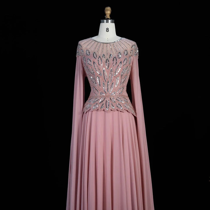 Elegant Crystal Beaded Evening Gown with Draped Sleeves SS104