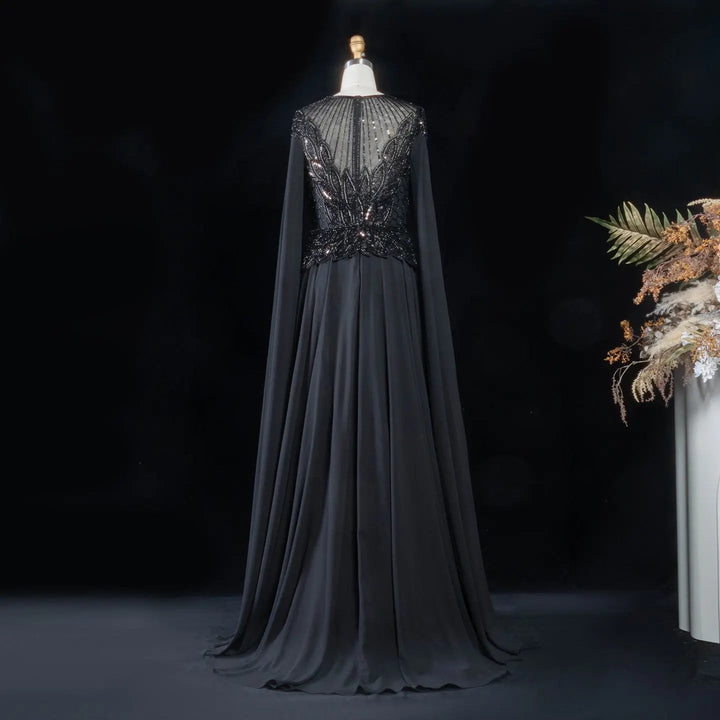 Elegant Crystal Beaded Evening Gown with Draped Sleeves SS104