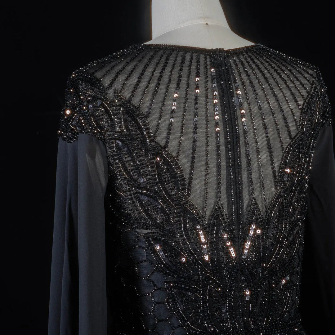 Elegant Crystal Beaded Evening Gown with Draped Sleeves SS104