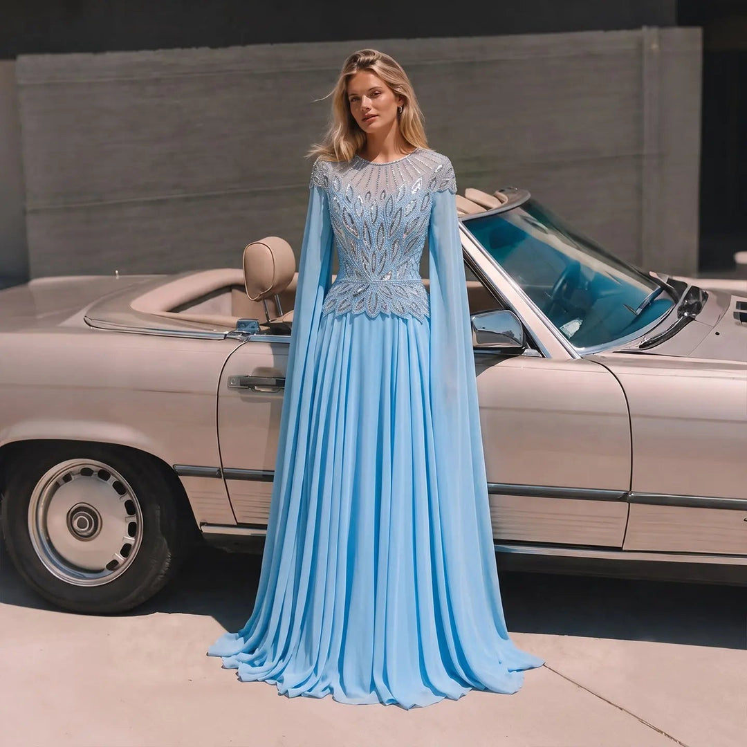 Elegant Crystal Beaded Evening Gown with Draped Sleeves SS104